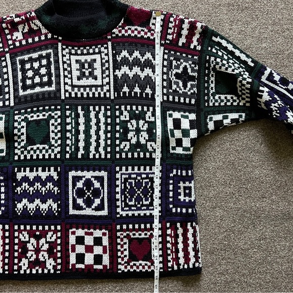 VTG Croquet Club Quilt Patchwork Pullover Mock Neck Sweater Knit Size L USA Made - Picture 8 of 11